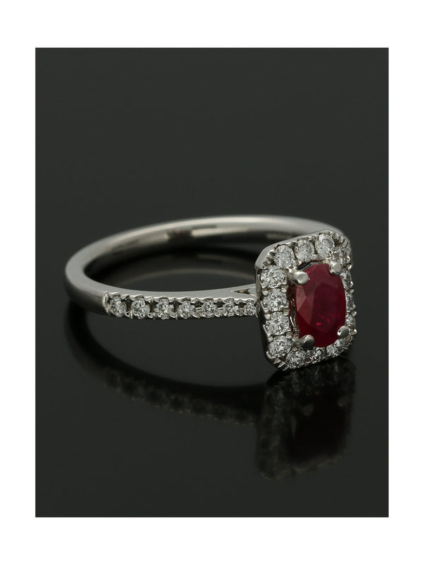 Ruby & Diamond Cluster Ring in 18ct White Gold with Diamond Set Shoulders