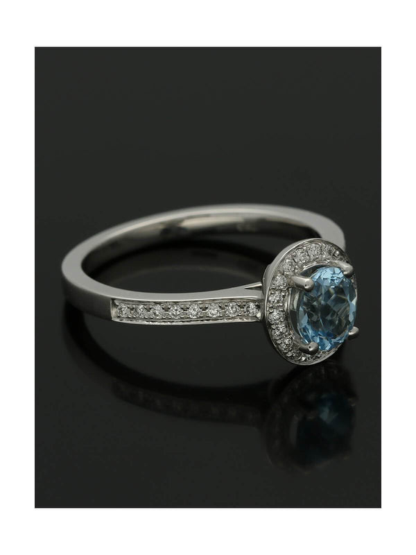 Aquamarine & Diamond Cluster Ring in 18ct White Gold with Diamond Set Shoulders