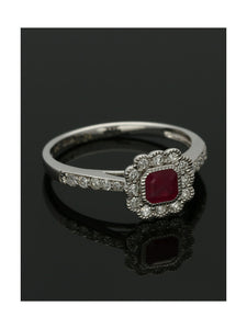 Ruby & Diamond Cluster Ring in 9ct White Gold