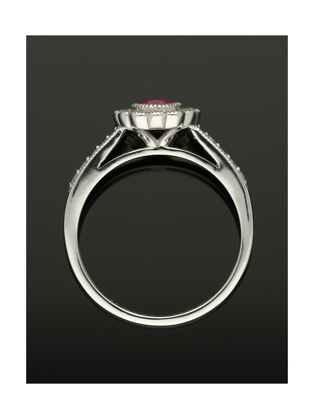 Ruby & Diamond Cluster Ring in 9ct White Gold with Diamond Shoulders