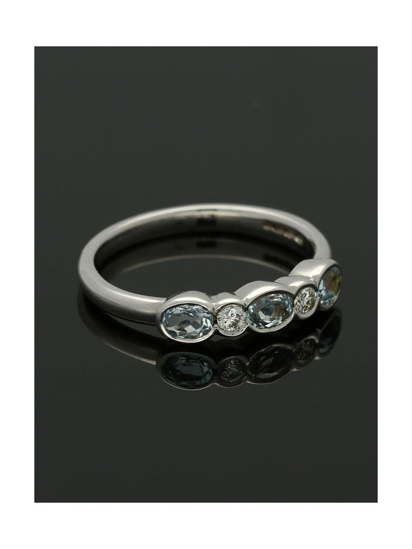 Blue Topaz and Diamond 5 Stone Rubover Set Half Eternity Ring in 9ct White Gold
