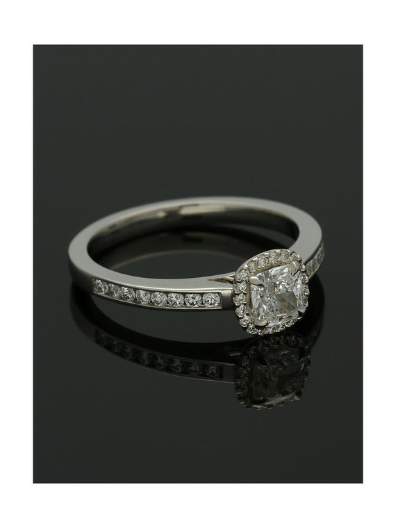 Diamond Halo Engagement Ring 0.50ct Certificated Cushion Cut in Platinum with Diamond Shoulders