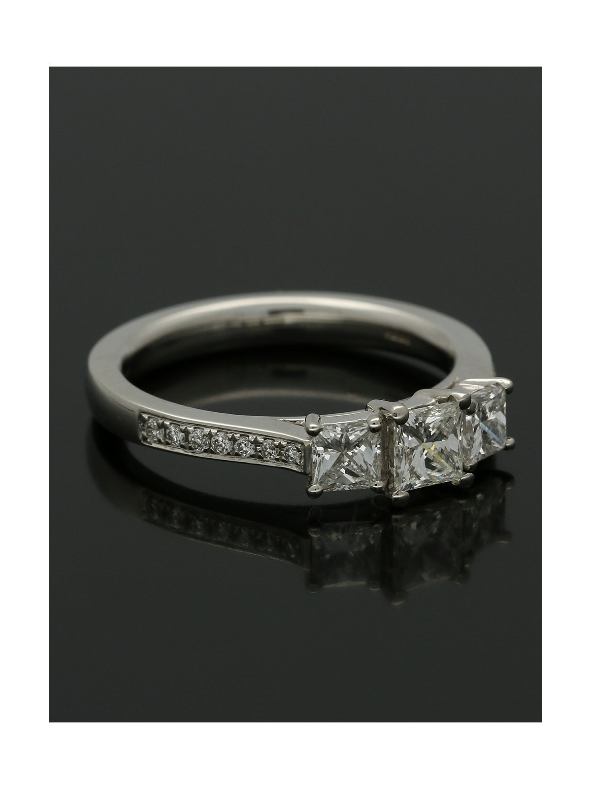 Diamond Three Stone Ring 0.89ct Princess Cut in Platinum with Diamond Shoulders