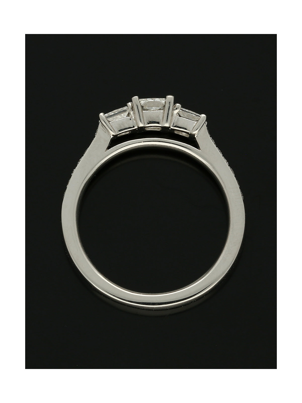 Diamond Three Stone Ring 0.89ct Princess Cut in Platinum with Diamond Shoulders