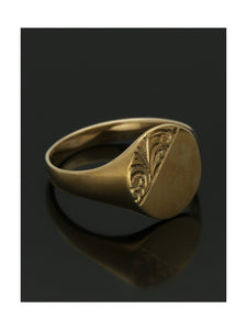 Half Engraved Oval Signet Ring in 9ct Yellow Gold