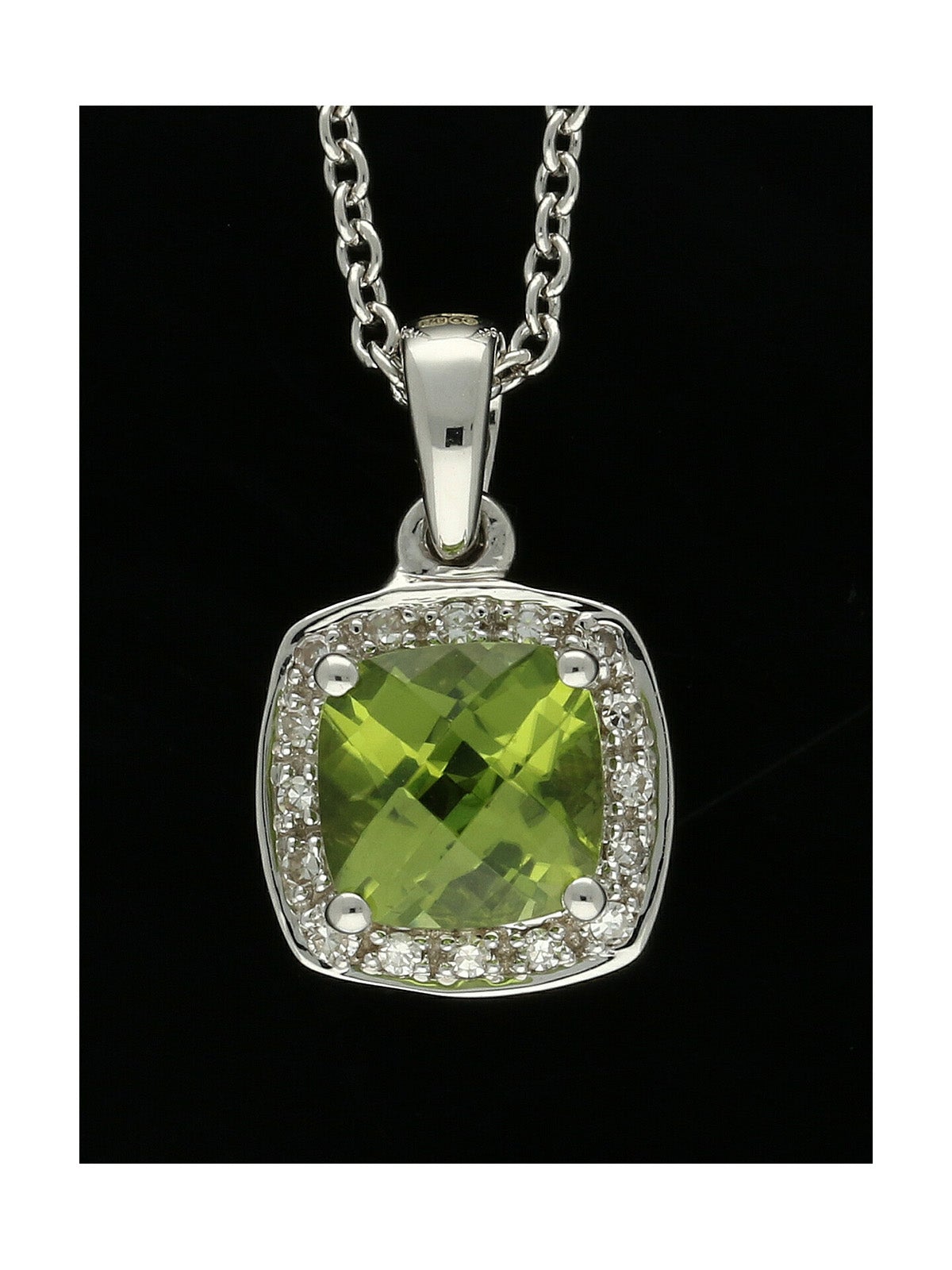 Peridot and Diamond Cluster Pendant Necklace in 9ct White Gold