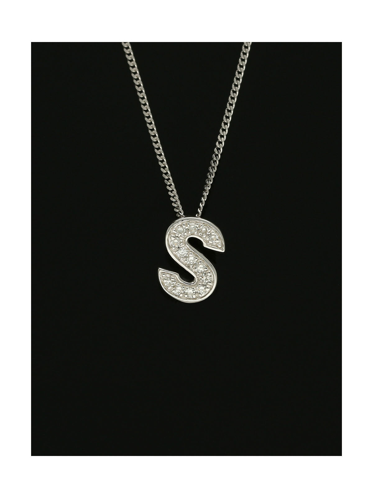Diamond Round Brilliant Channel Set Letter 'S' Pendant Necklace in 9ct White Gold