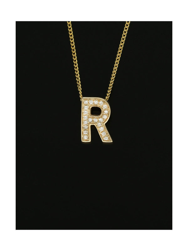 Diamond Round Brilliant Channel Set Letter 'R' Pendant Necklace in 9ct Yellow Gold