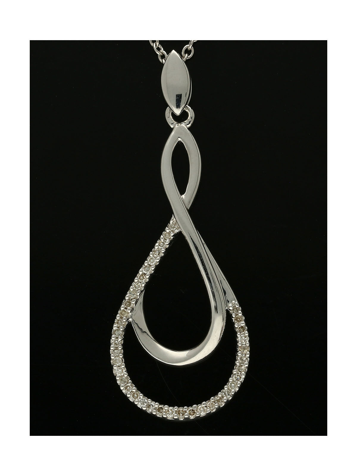 Diamond Openwork Double Teardrop Twist Pendant Necklace in 9ct White Gold