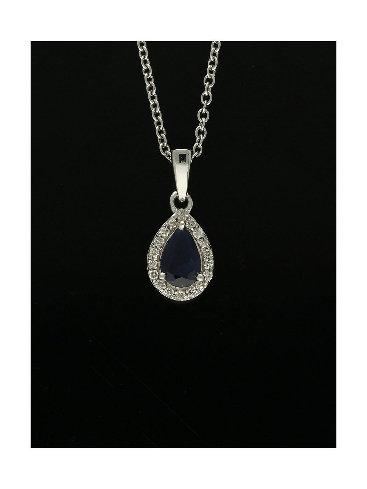 Sapphire & Diamond Teardrop Halo Pendant Necklace in 9ct White Gold