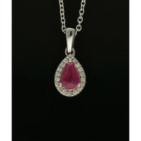 Ruby & Diamond Pear Halo Drop Pendant Necklace in 9ct White Gold