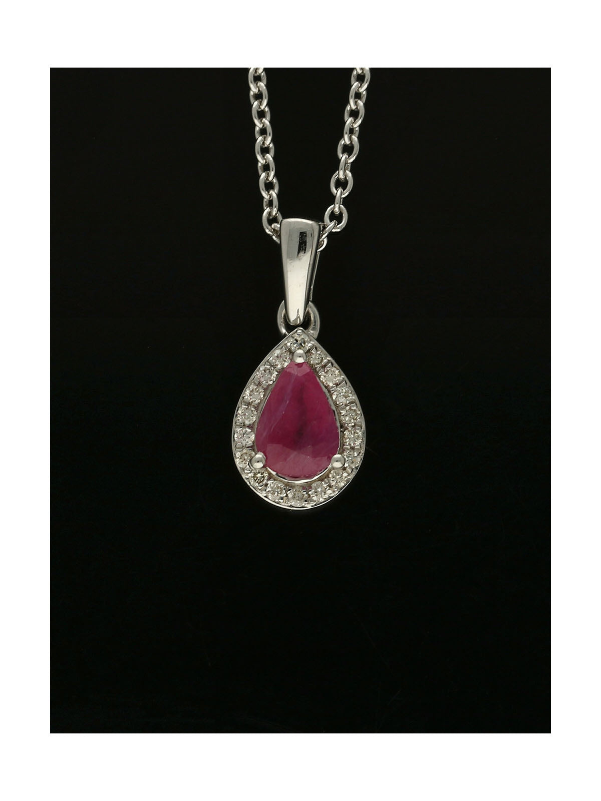 Ruby & Diamond Pear Halo Drop Pendant Necklace in 9ct White Gold