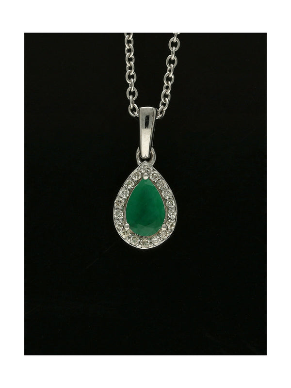 Emerald & Diamond Pear Halo Pendant Necklace in 9ct White Gold