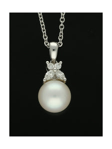 White Cultured Pearl and Diamond Pendant Necklace in 18ct White Gold