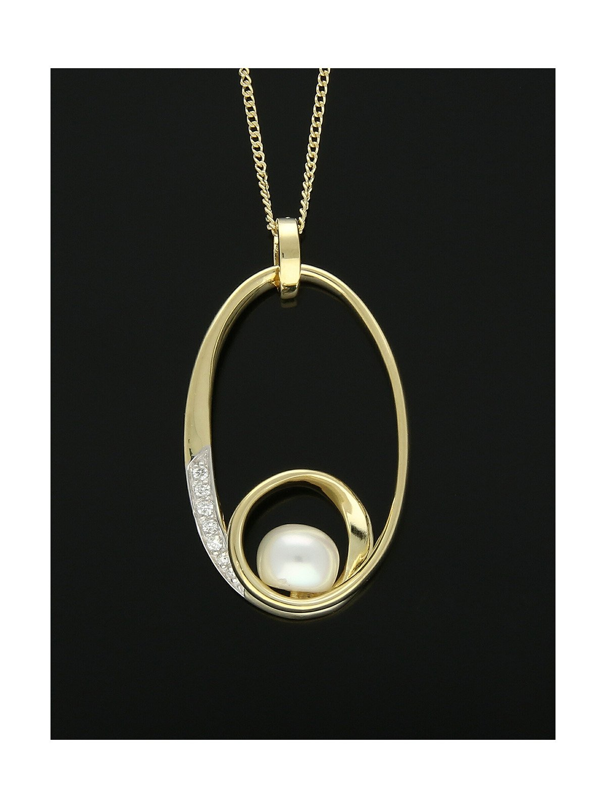 Pearl and Diamond Open Pendant Necklace in 9ct Yellow Gold