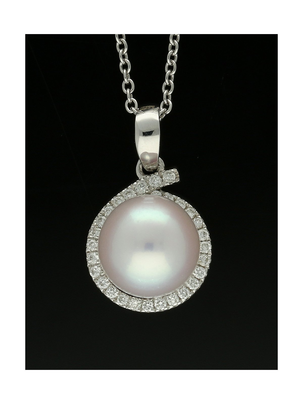 White Cultured Pearl and Diamond Pendant Necklace in 9ct White Gold