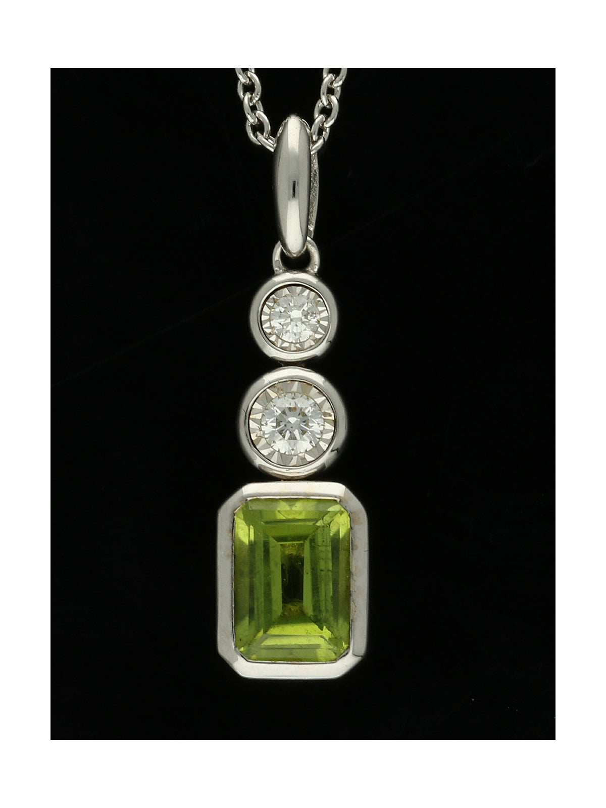 Peridot & Diamond Three Stone Drop Pendant Necklace in 9ct White Gold