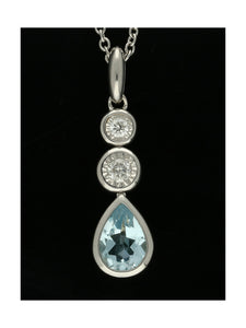 Blue Topaz & Diamond Three Stone Drop Pendant Necklace in 9ct White Gold