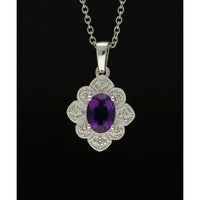 Amethyst & Diamond Art Deco Floral Pendant Necklace in 9ct White Gold