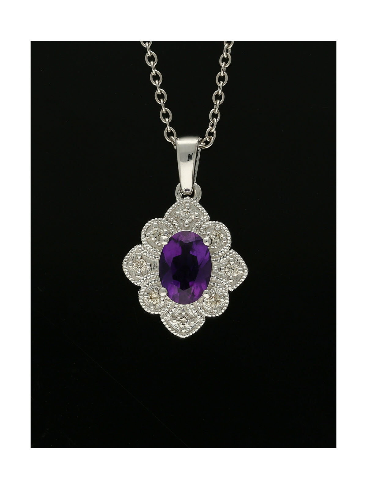 Amethyst & Diamond Art Deco Floral Pendant Necklace in 9ct White Gold