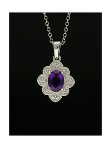 Amethyst & Diamond Art Deco Floral Pendant Necklace in 9ct White Gold