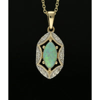Opal & Diamond Art Deco Style Pendant Necklace in 9ct Yellow Gold