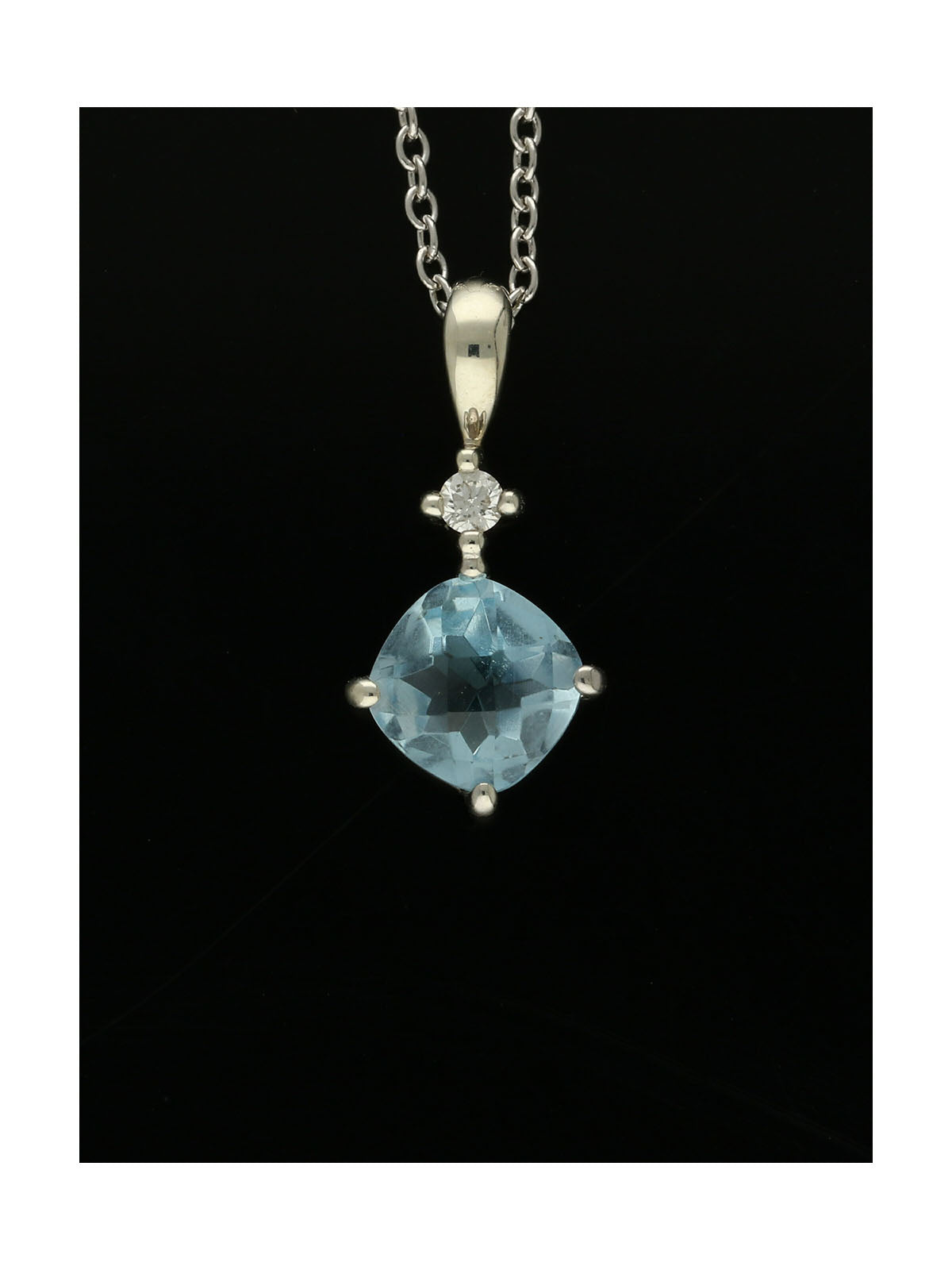 Blue Topaz & Diamond Cushion Pendant Necklace in 9ct White Gold