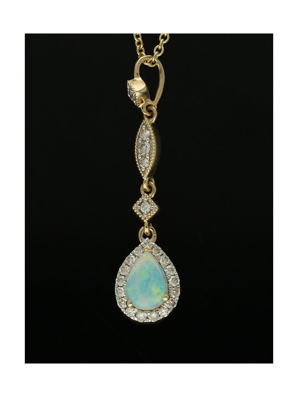 Opal & Diamond Pear Halo Drop Pendant Necklace in 9ct Yellow Gold