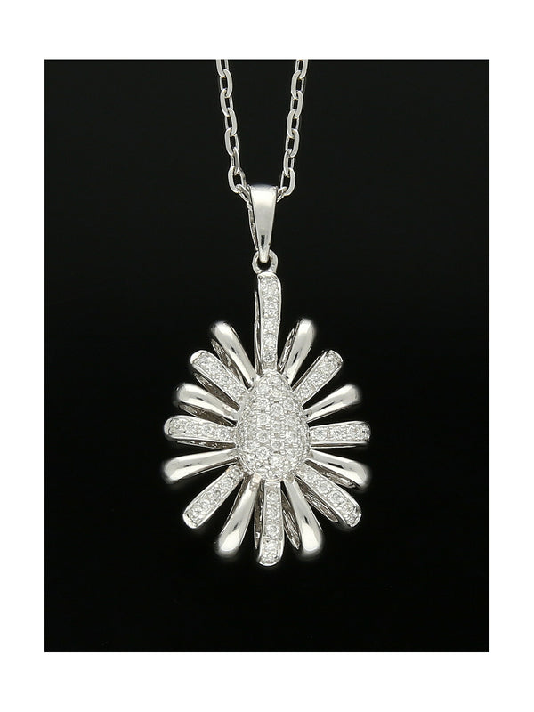 Diamond Pear Shaped Sunburst Pendant Necklace in 18ct White Gold