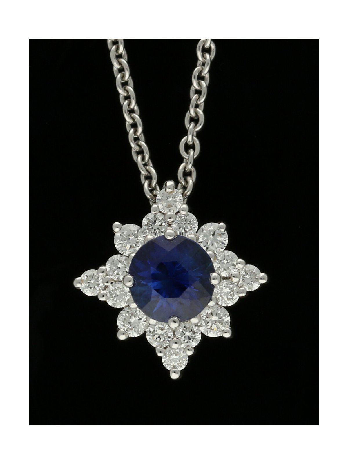 Sapphire & Diamond Cluster Pendant Necklace in 18ct White Gold
