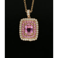 Pink Sapphire & Diamond Oval Cut Halo Fancy Rectangular Pendant Necklace in 18ct Rose Gold