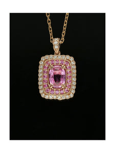 Pink Sapphire & Diamond Oval Cut Halo Fancy Rectangular Pendant Necklace in 18ct Rose Gold