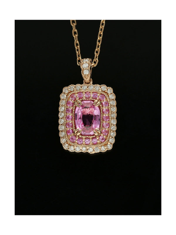 Pink Sapphire & Diamond Oval Cut Halo Fancy Rectangular Pendant Necklace in 18ct Rose Gold