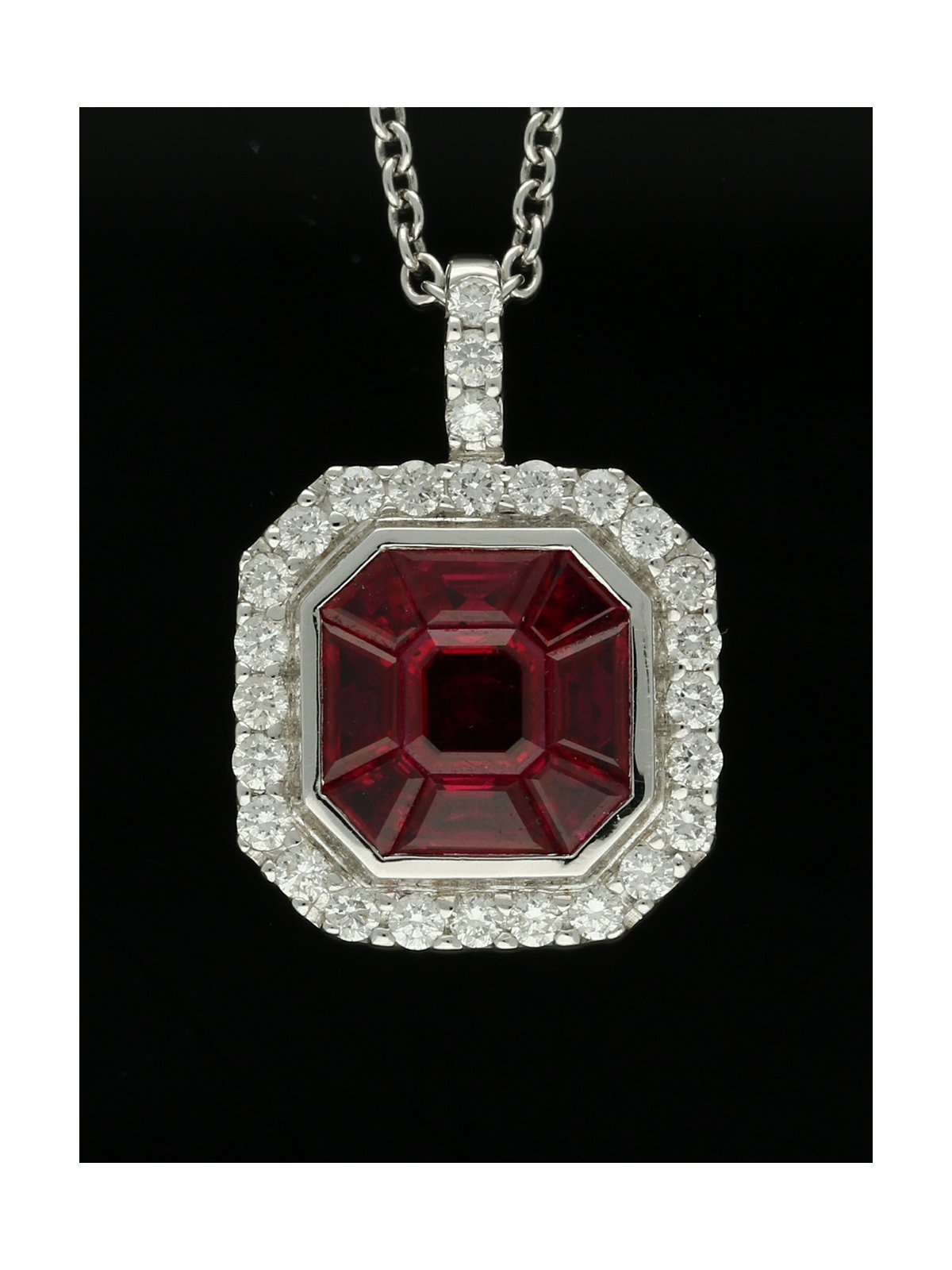  Ruby & Diamond Octagonal Cluster Pendant Necklace in 18ct White Gold