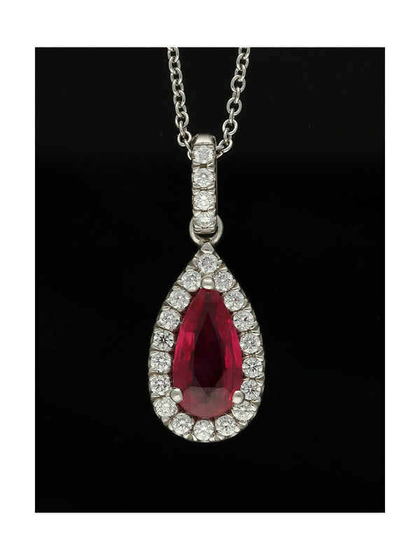 Ruby & Diamond Pear Cluster Pendant Necklace in 18ct White Gold
