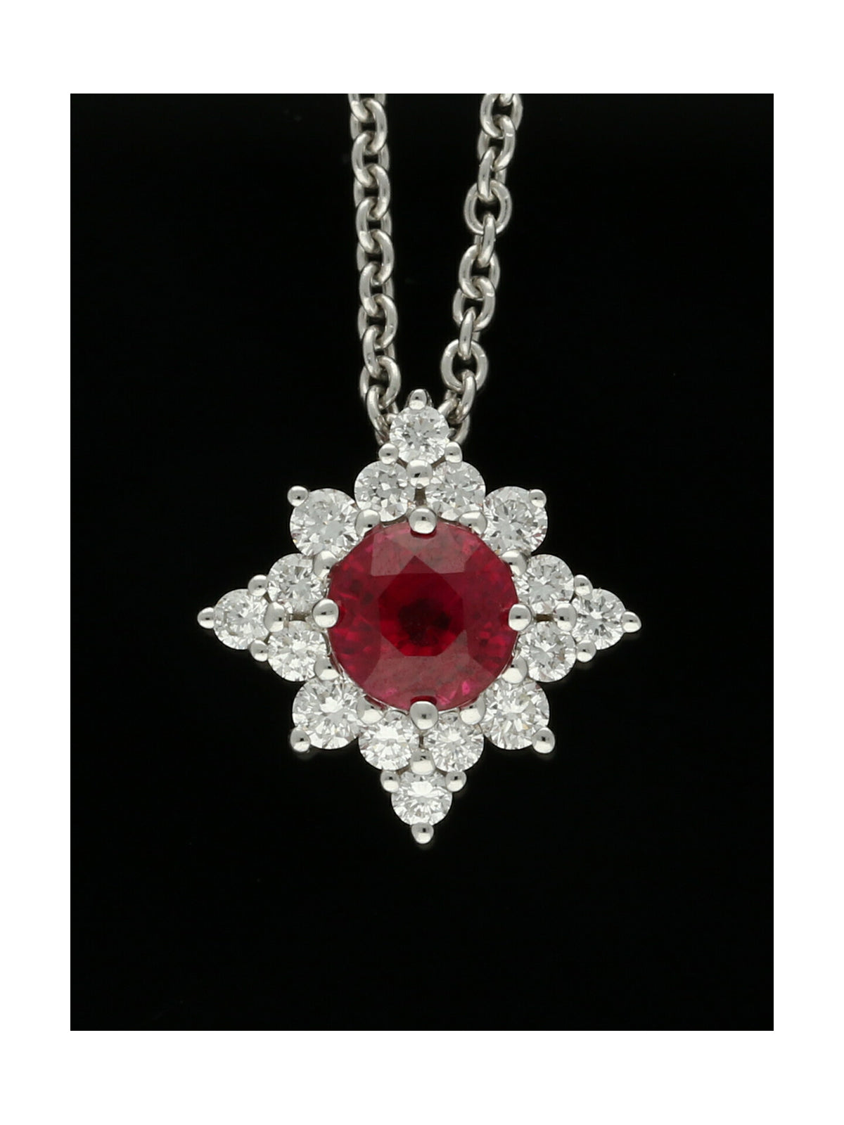 Ruby & Diamond Star Cluster Pendant Necklace in 18ct White Gold