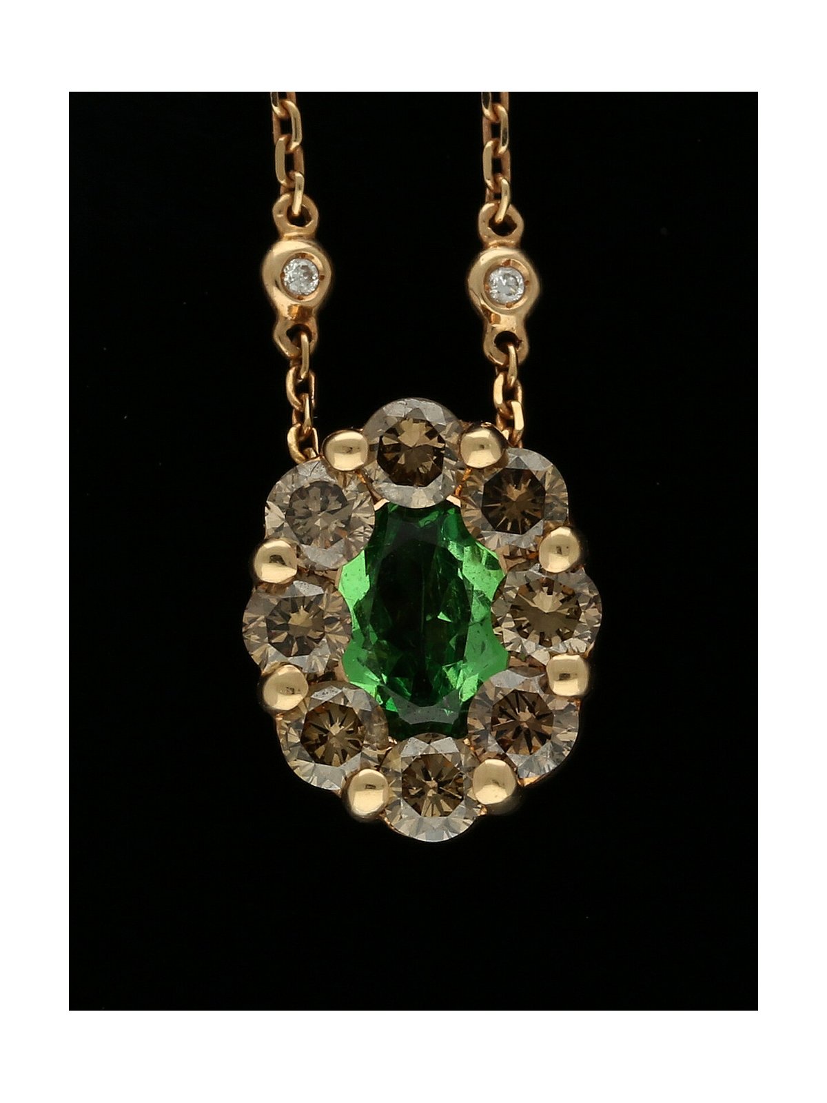Tsavorite and Brown Diamond Cluster Pendant Necklace in 18ct Rose Gold