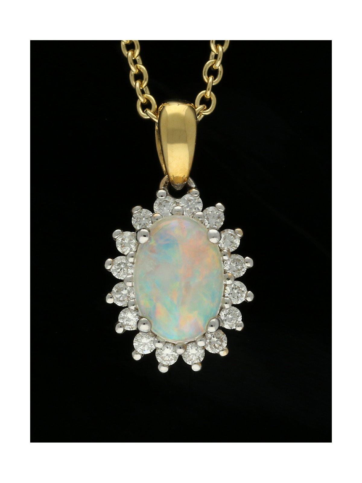 Opal and Diamond Claw Set Cluster Pendant Necklace in 18ct Yellow & White Gold