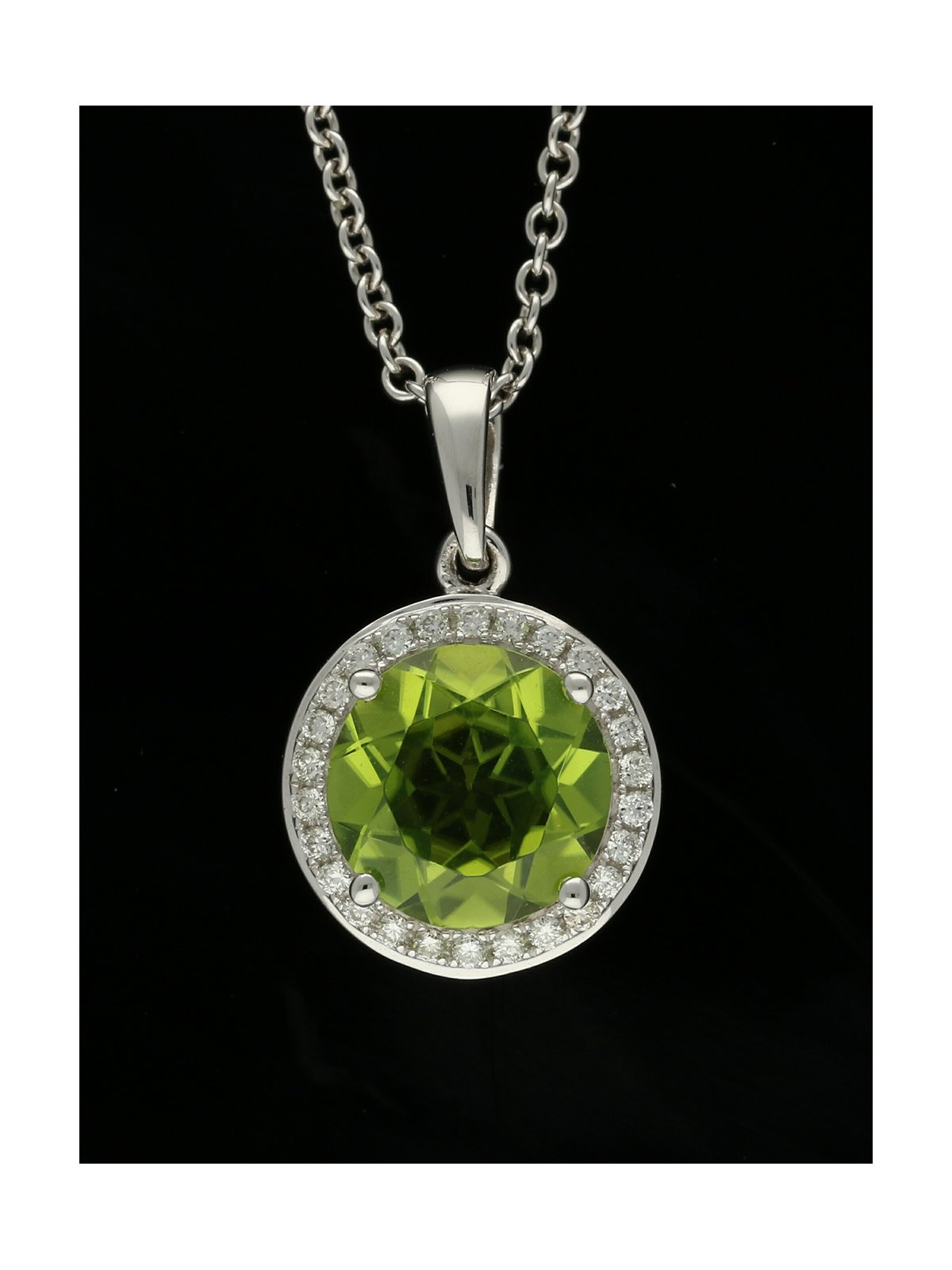 Round Peridot Diamond Framed Cluster Pendant Necklace in 18ct White Gold