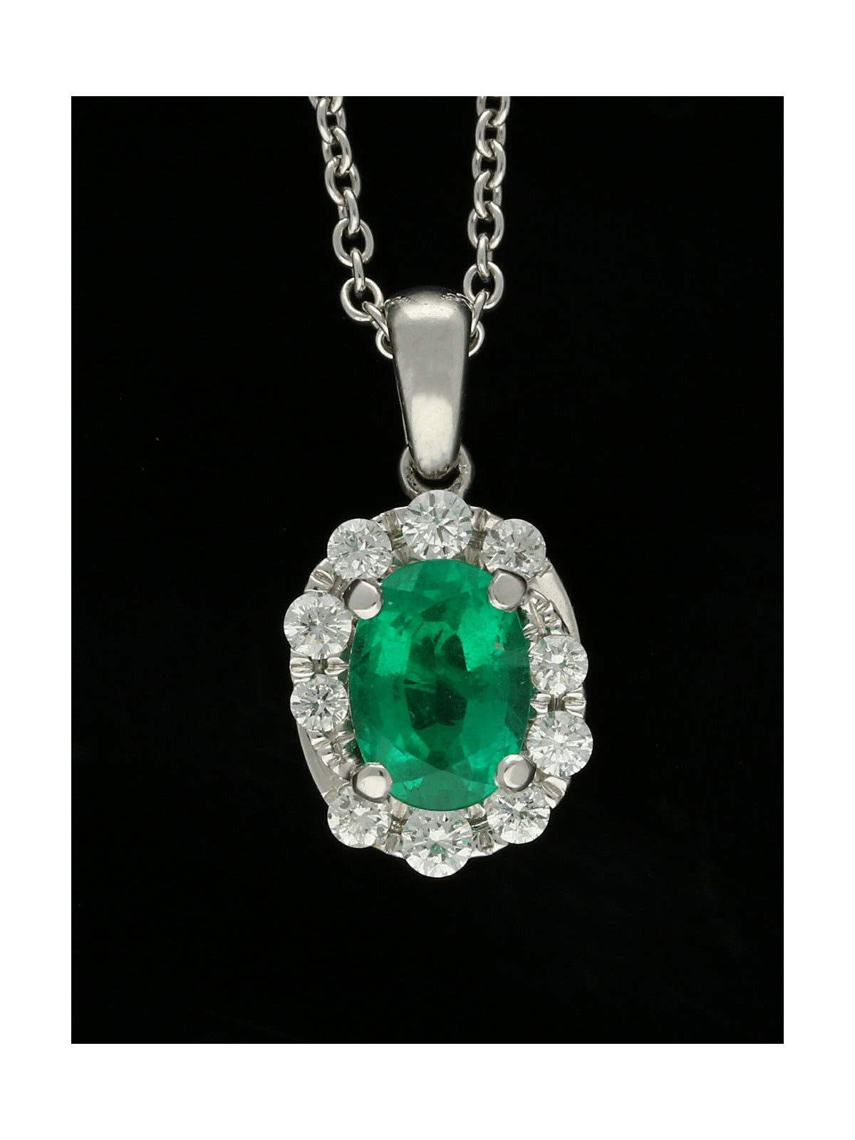 Emerald & Diamond Cluster Pendant Necklace in 18ct White Gold