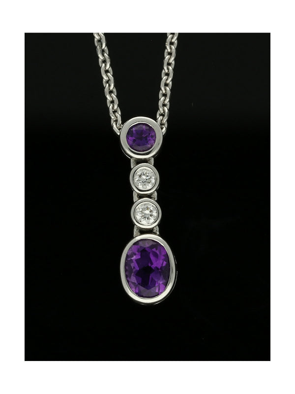 Amethyst & Diamond Drop Pendant Necklace in 18ct White Gold