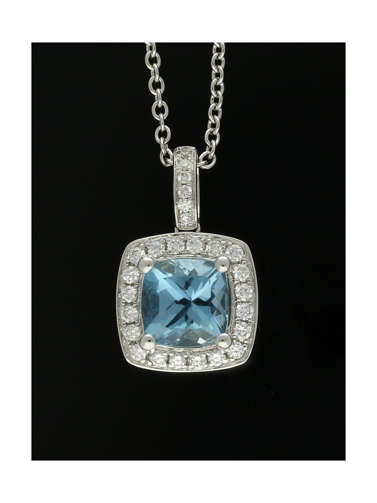 Aquamarine & Diamond Cushion Cluster Pendant Necklace in 18ct White Gold