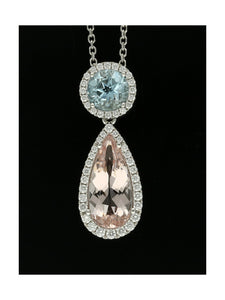 Morganite, Aquamarine and Diamond Cluster Drop Pendant Necklace in 18ct White Gold