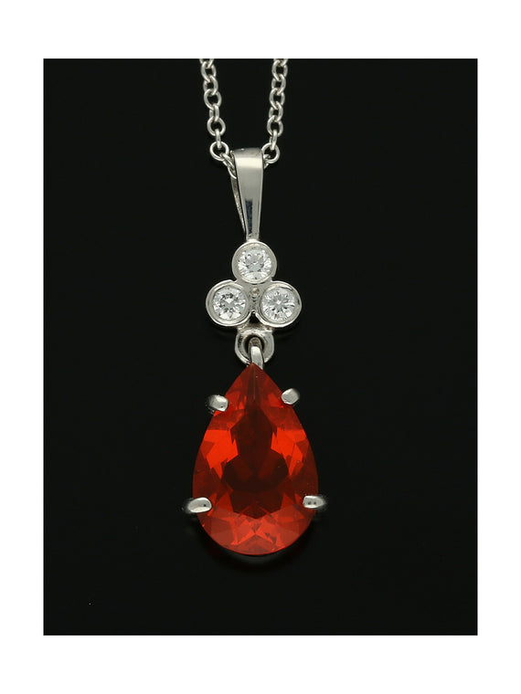 Fire Opal & Diamond Drop Pendant Necklace in 18ct White Gold