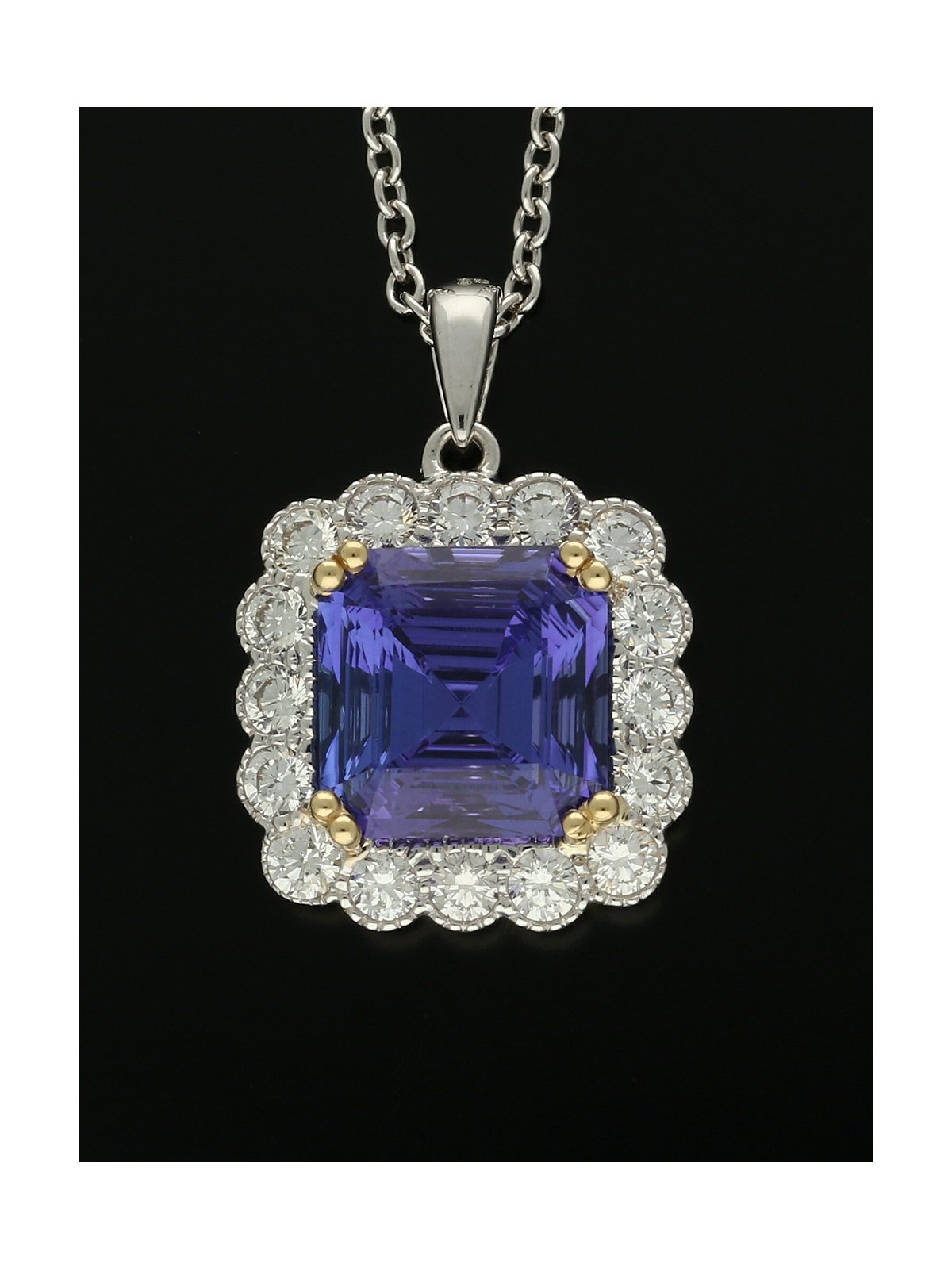 Tanzanite and Diamond Cluster Pendant necklace in 18ct Yellow and White Gold