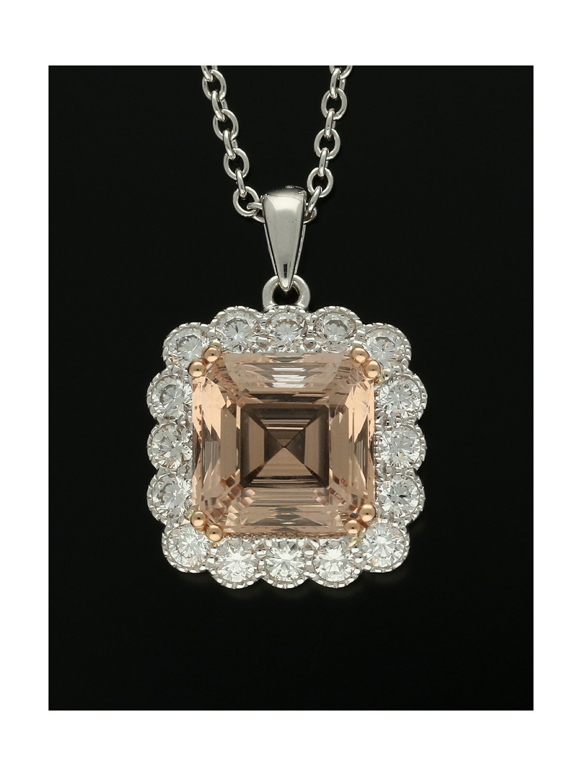 Morganite and Diamond Cluster Pendant Necklace in 18ct White and Rose Gold