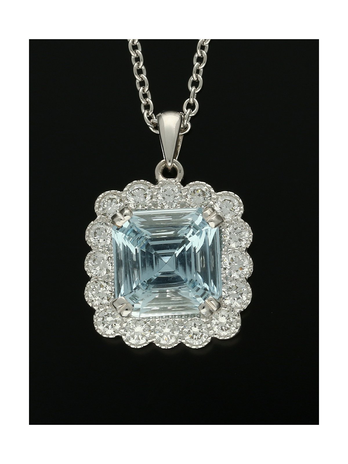 Aqua and Diamond Cluster Pendant Necklace in 18ct White Gold