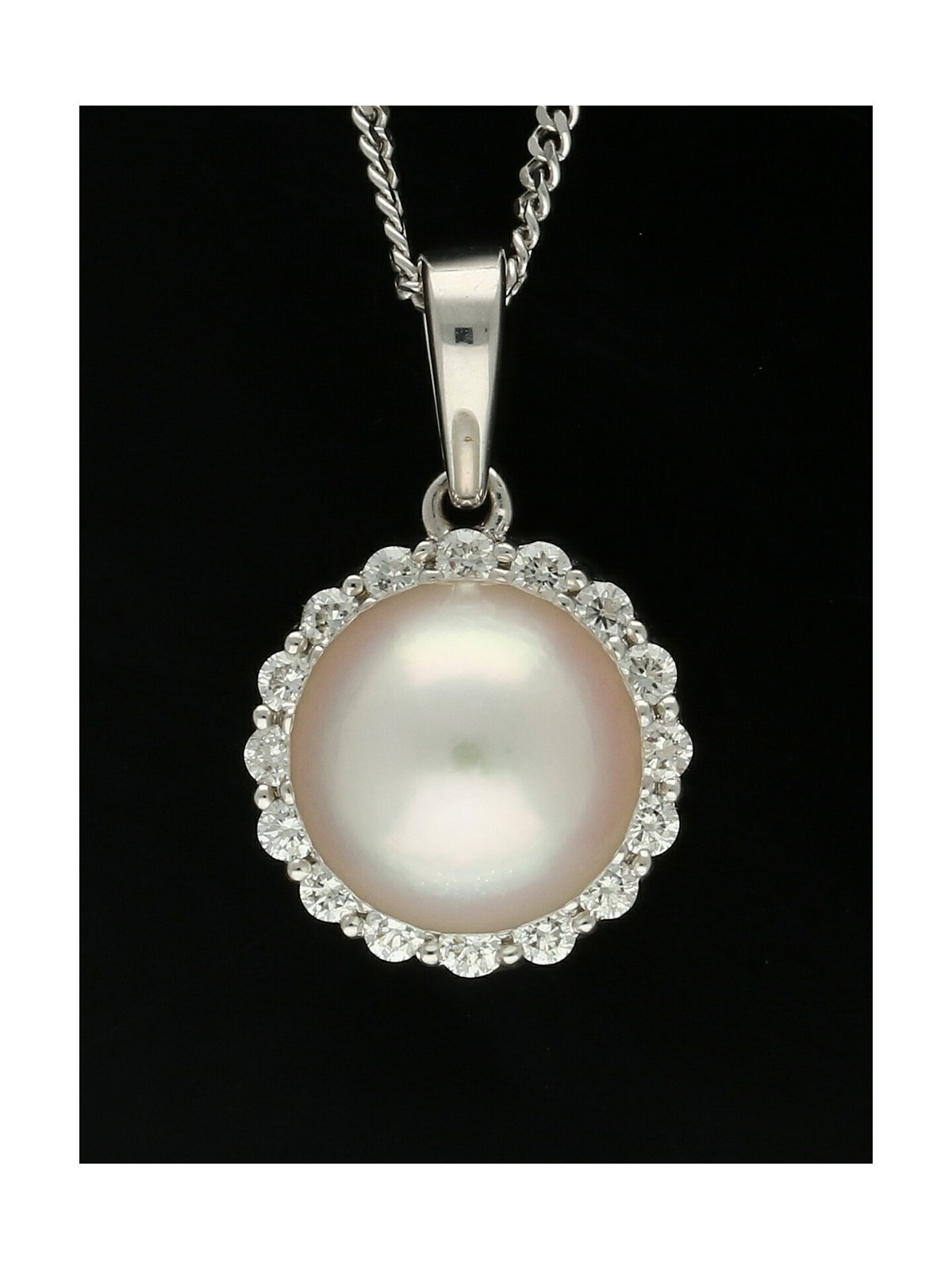 Pearl and Diamond Halo Pendant Necklace in 18ct White Gold