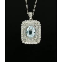 Aquamarine & Diamond Oval Cut Halo Fancy Rectangular Pendant Necklace in 18ct White Gold