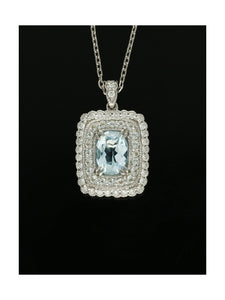 Aquamarine & Diamond Oval Cut Halo Fancy Rectangular Pendant Necklace in 18ct White Gold